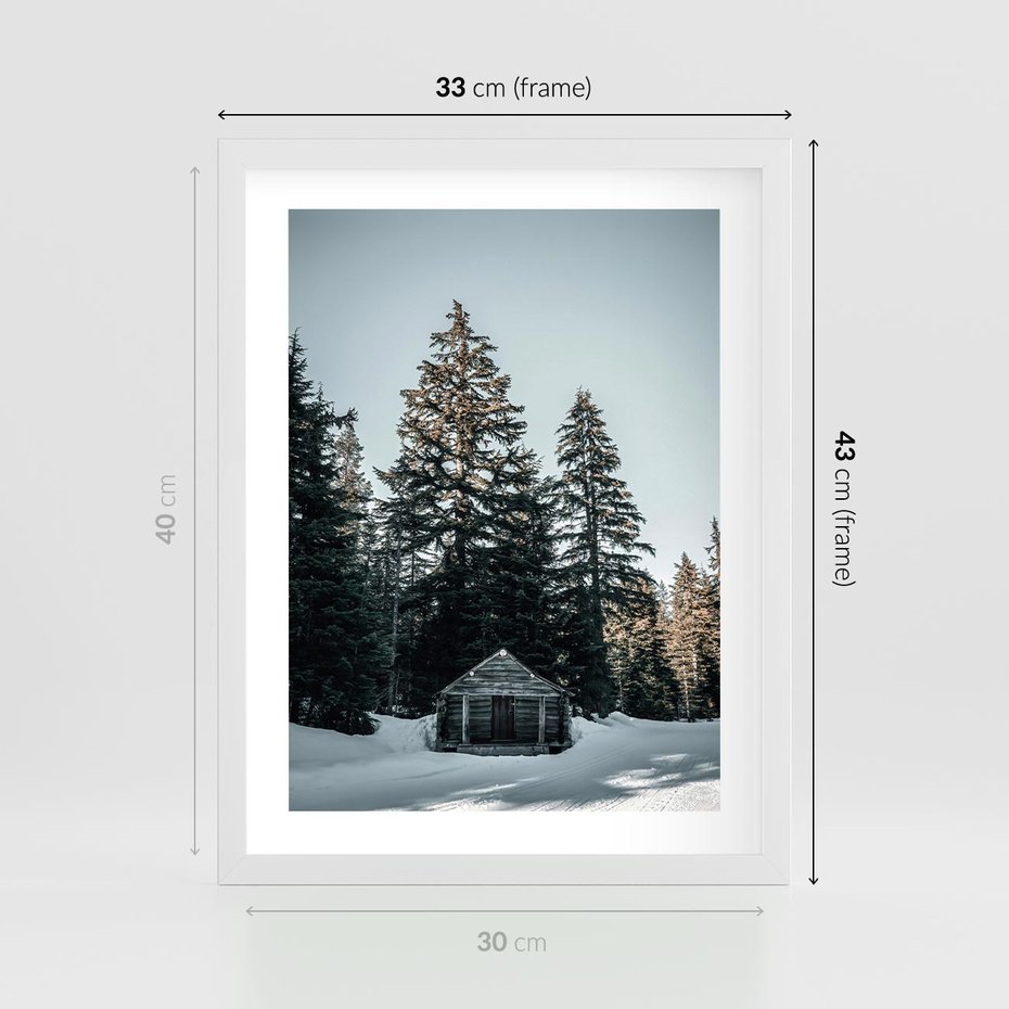 Plakat w ramie 30x40 - Chatka w Górach w Czasie Zimy - chatka w górach, zima - rama biała
