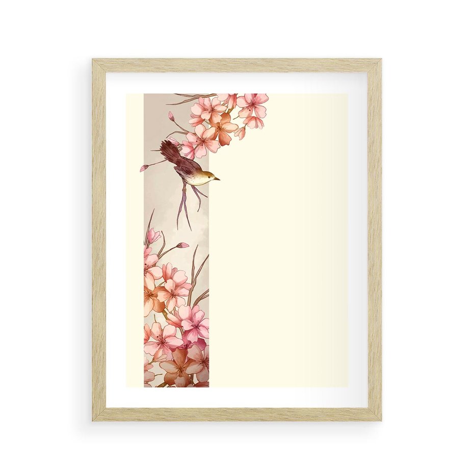 Plakat w ramie 40x50 - Rozkwitające Marzenia - japońska sztuka, ptak - rama drewno