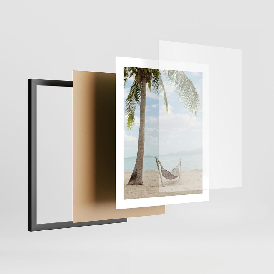 Plakat w ramie 40x50 - Relaks na plaży - palma, hamak - rama czarna
