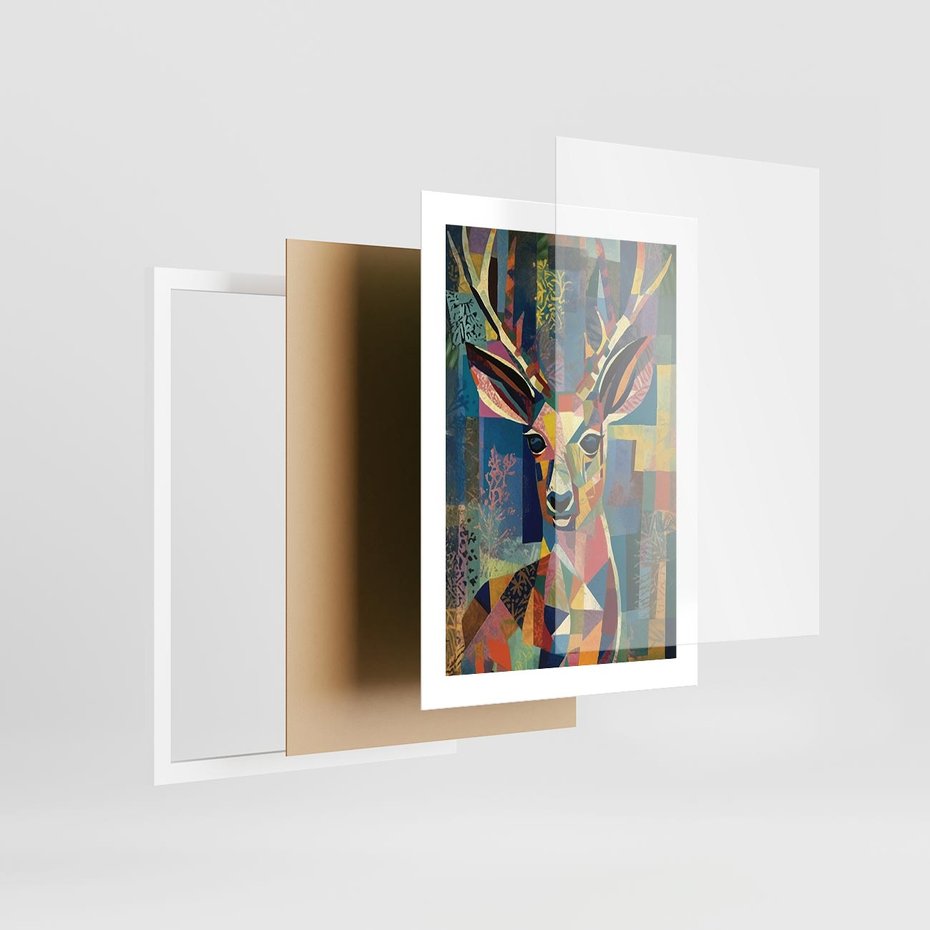Plakat w ramie 30x40 - Bezgraniczne Kontury Zaskoczenia - abstrakcyjny obraz olejny, jeleń - rama biała