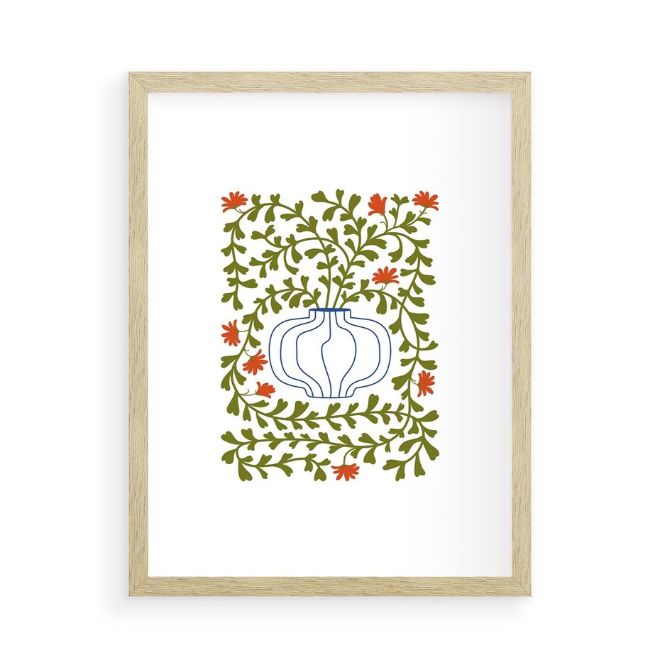 Plakat w ramie 50x70 - Wewnętrzne Fale - kwiaty w wazonie, minimalizm - rama drewno