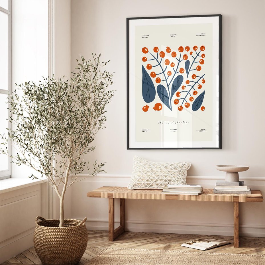 Plakat bez ramy 50x70 - Minimalistyczna Uroda Jarzębin - jarzębiny, niebieskie liście