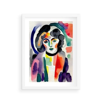 Plakat w ramie 40x50 - Subtelne Akwarelowe Ulotności - abstrakcyjny akwarelowy portret kobiety, rozmyte farby - rama biała