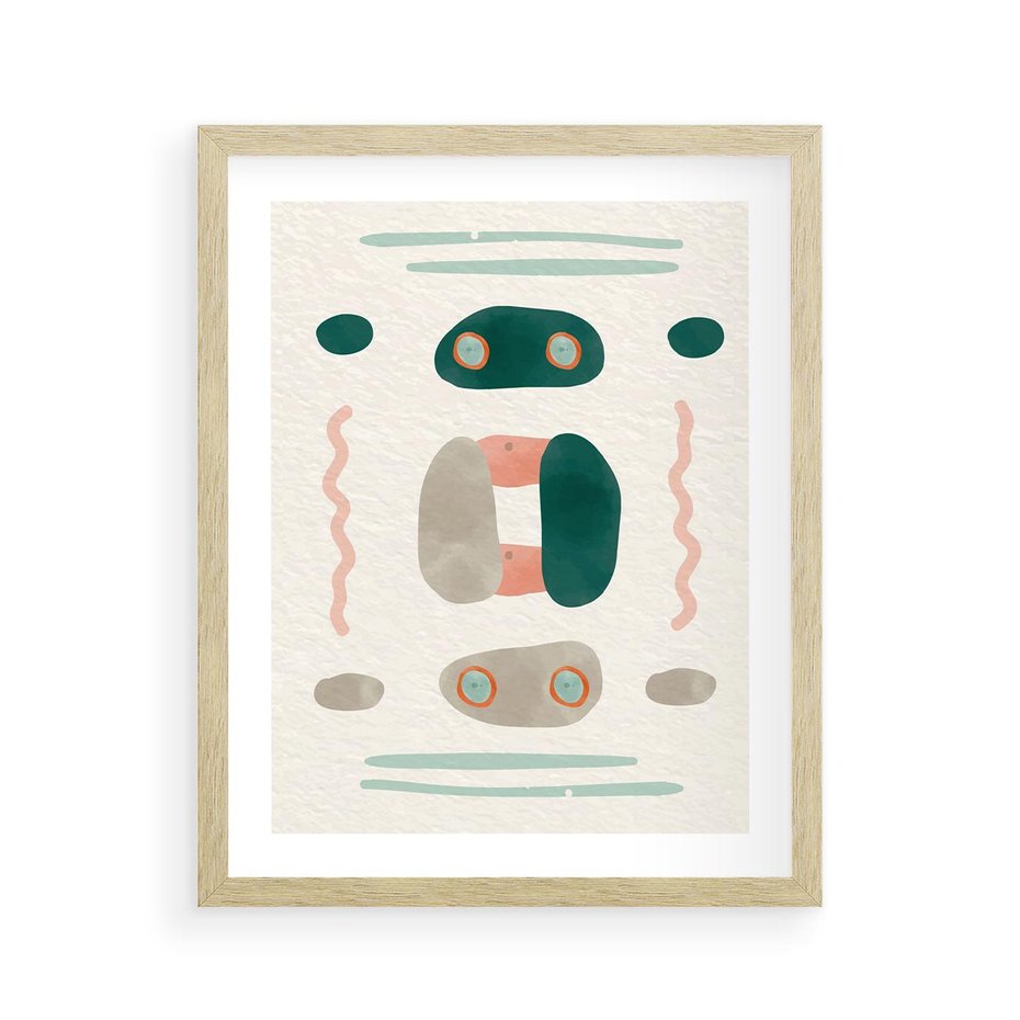 Plakat w ramie 40x50 - Tańczące Kształty Natury - przypadkowe abstrakcyjne wzory, pomarańczowy i zielony - rama drewno