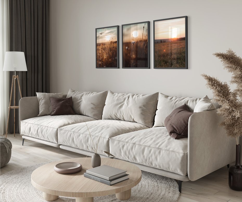 Zestaw obrazy w ramie 30x40 galeria - Zachód, słońca, łąka, kwiaty - rama czarna