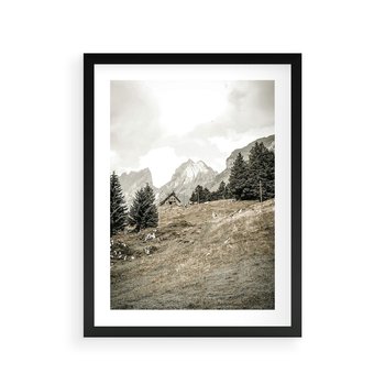 Plakat w ramie 30x40 - Krajobraz Sepii: Domek w Górach - domek w górach, góry - rama czarna