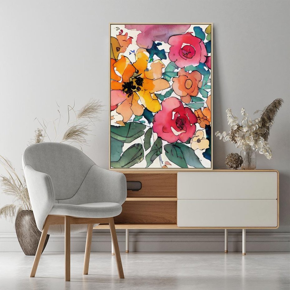 Obraz w ramie 50x70 - Kwiatowy Impuls Kolorów - abstrakcyjne kolorowe kwiaty, szkic - rama drewno