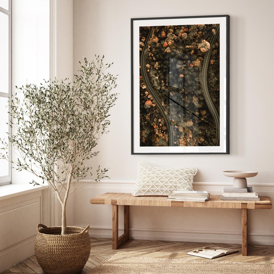 Plakat bez ramy 21x30 - Las i Droga w Kolorach Jesieni - droga, ujęcie z góry