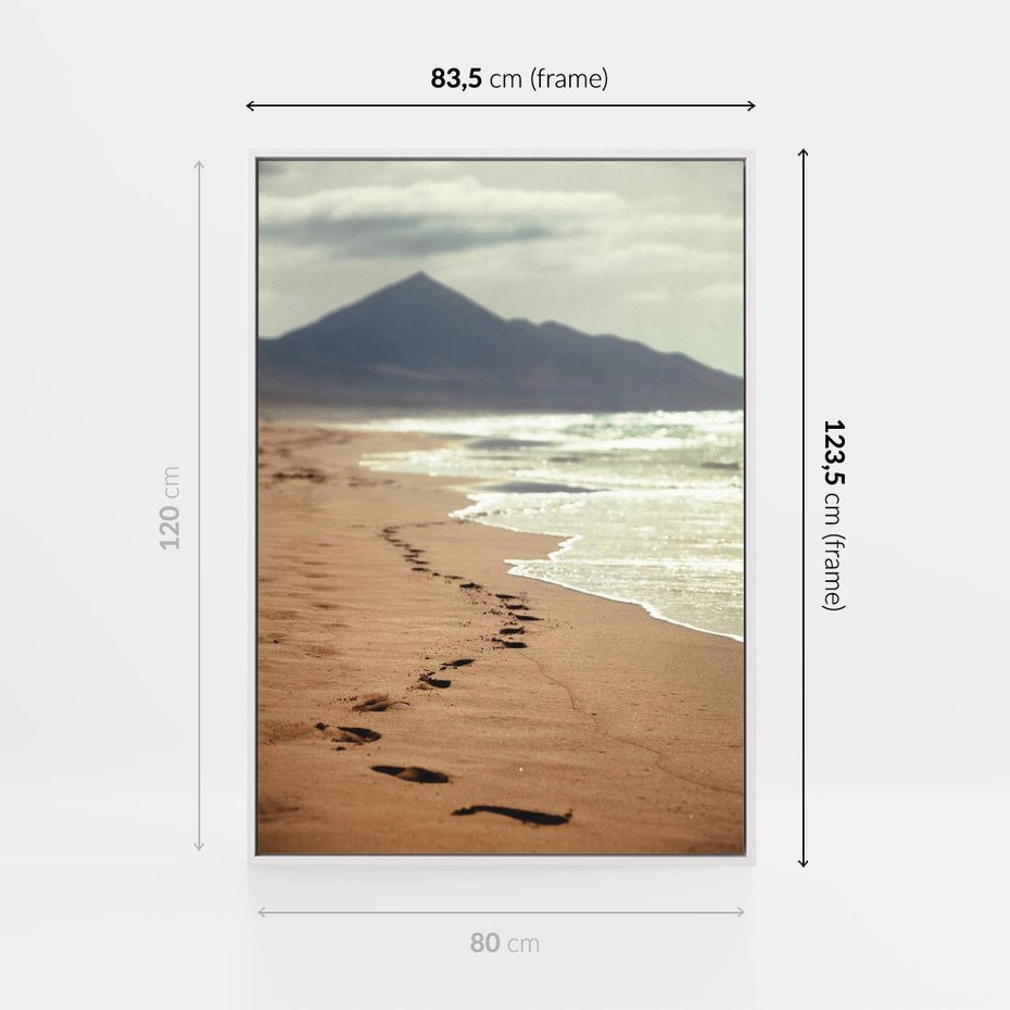 Obraz w ramie 80x120 - Ślady stóp na plaży - plaża, ślady - rama biała