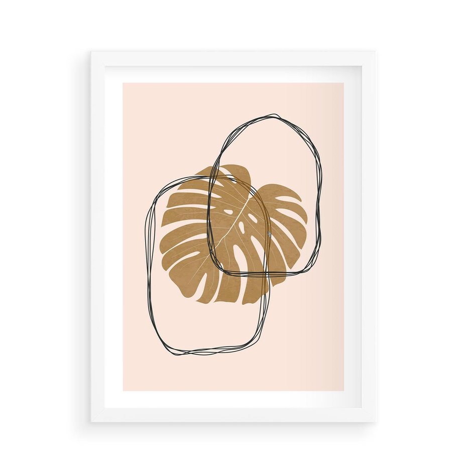Plakat w ramie 50x70 - Liście w Beżowym Minimalizmie - minimalistyczny obraz, liście monstery - rama biała
