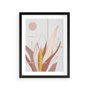 Plakat w ramie 50x70 - Złota Grafika Liści: Wyjątkowa Dekoracja - liście, złoto - rama czarna