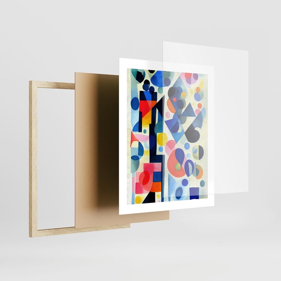 Plakat w ramie 40x50 - Księga Akwarelowych Przeniknięć - abstrakcyjny obraz, różne kolorowe kształty - rama drewno