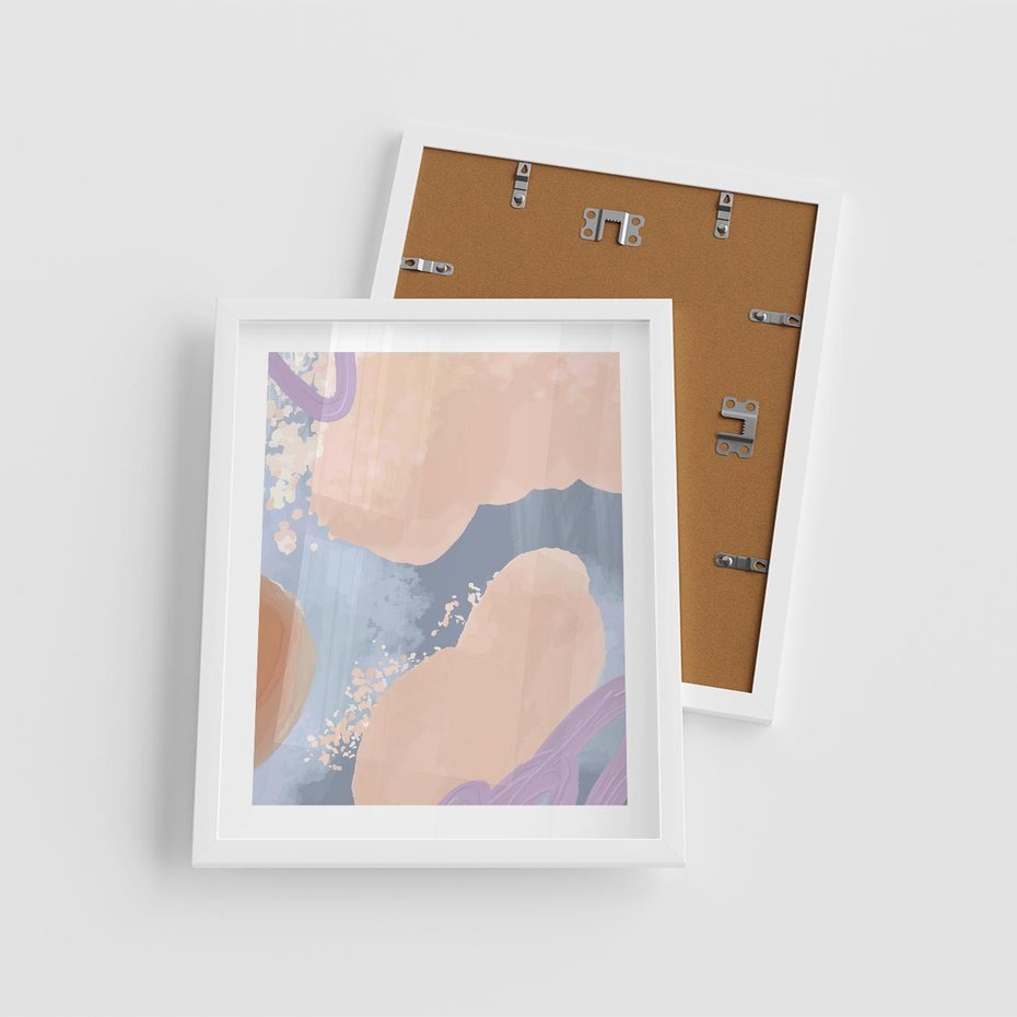 Plakat w ramie 40x50 - Przenikanie Niecodziennych Form - abstrakcyjne akwarelowe plamy, pastele - rama biała