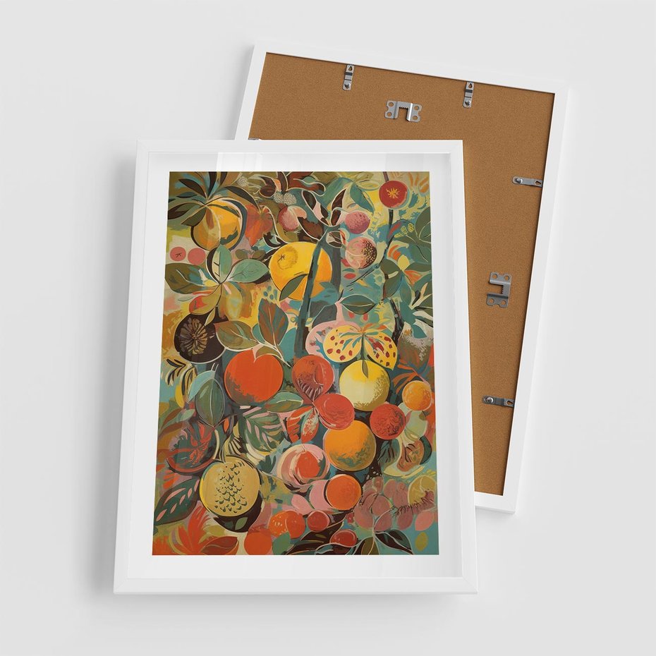 Plakat w ramie 50x70 - Księga Surrealnych Wyobrażeń - abstrakcyjny obraz owoców, jak picasso - rama biała