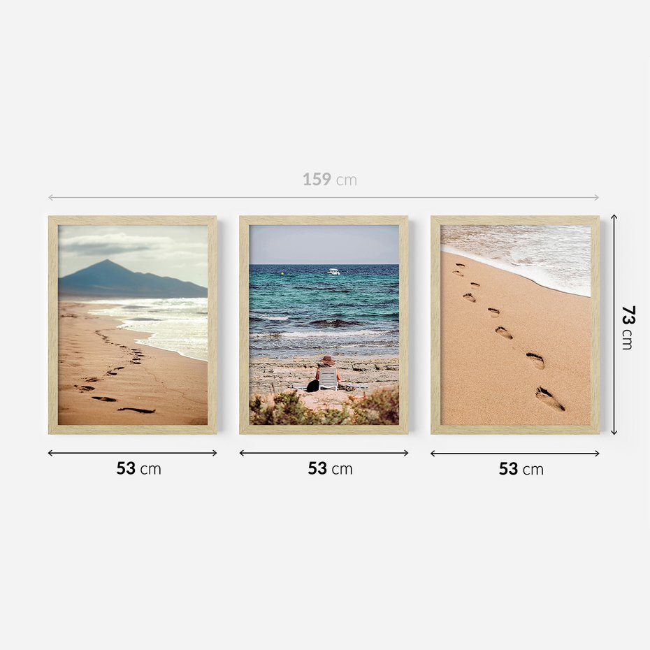 Zestaw obrazy w ramie 50x70 galeria - Plaża, zachód, słońca, ślady - rama drewno