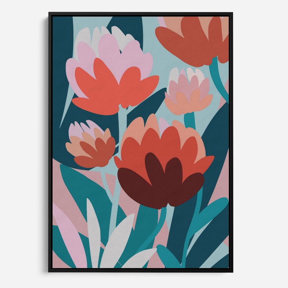 Obraz w ramie 70x100 - Symfonia Kwiatów - abstrakcyjna kompozycja kwiatowych form, kolor zgaszone - rama czarna