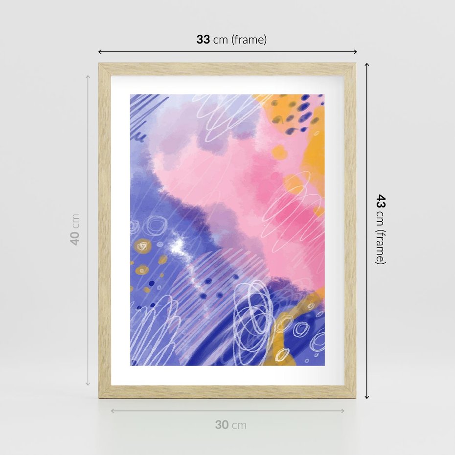 Plakat w ramie 30x40 - Migocące Granice Kształtów - abstrakcyjny plakat, pastelowe kolory - rama drewno