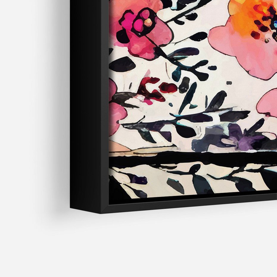 Obraz w ramie 50x70 - Opowieść w kroplach farb - akwarelowe kwiaty, mocna ornamentowa czarna ramka namalowana dookoła obrazu - rama czarna