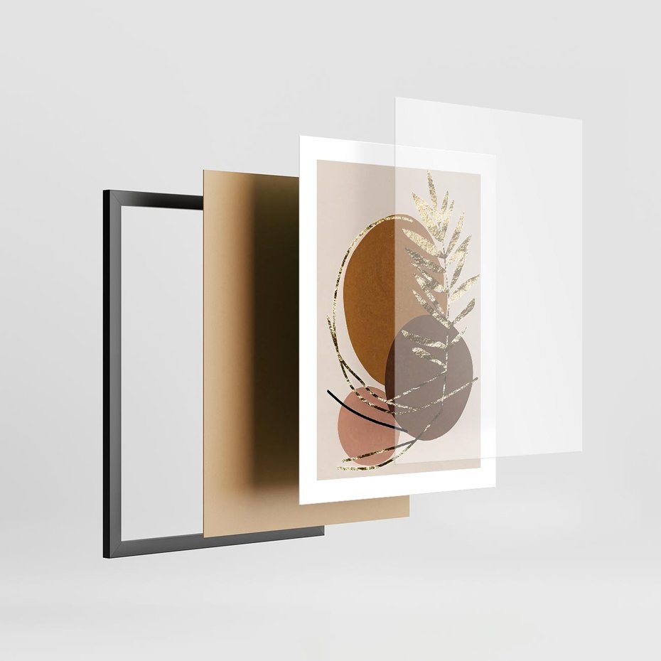 Plakat w ramie 30x40 - Taniec Przenikających Odbić - abstrakcyjny obraz, złote liście palmy - rama czarna