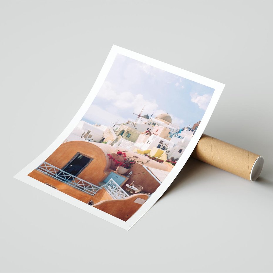 Plakat bez ramy 40x50 - Błękit Morza i Białe Domki - Santorini, wyspa