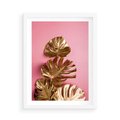 Plakat w ramie 50x70 - Złote Liście Monstery: Delikatność na Różowym Tle - złote liście monstery, różowe tło - rama biała