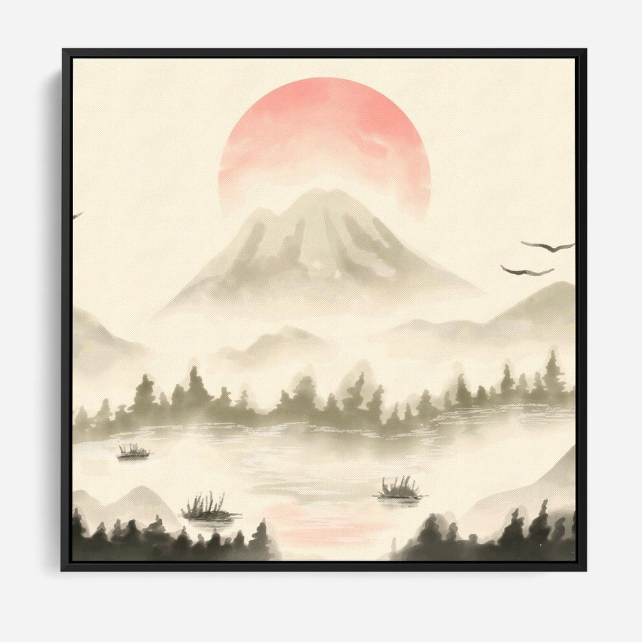 Obraz w ramie 50x50 - Przyroda Japonii - japońska akwarela, góry - rama czarna