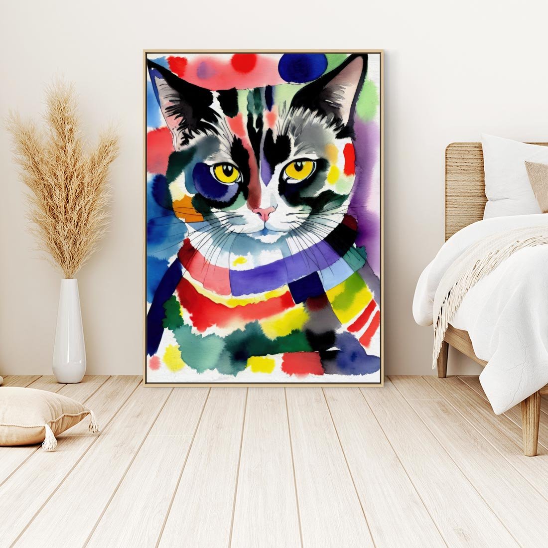 Obraz w ramie 50x70 - Koci Przyjaciel - abstrakcyjny obraz, akwarela - rama drewno