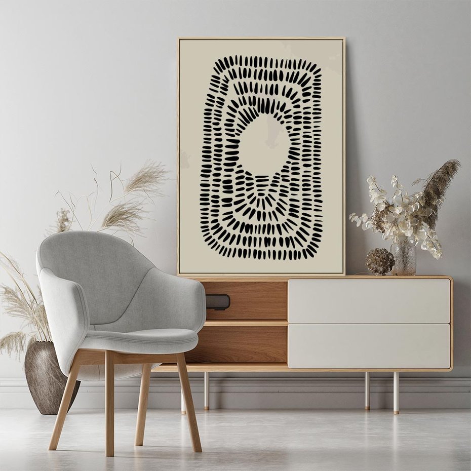 Obraz w ramie 80x120 - Zaklęte Wnętrza - boho plakat, czarne kropki kreski - rama drewno