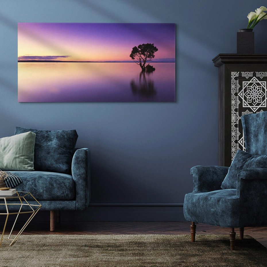 Obraz na płótnie 140x70 - Jezioro wśród drzew o zachodzie - jezioro, drzewo