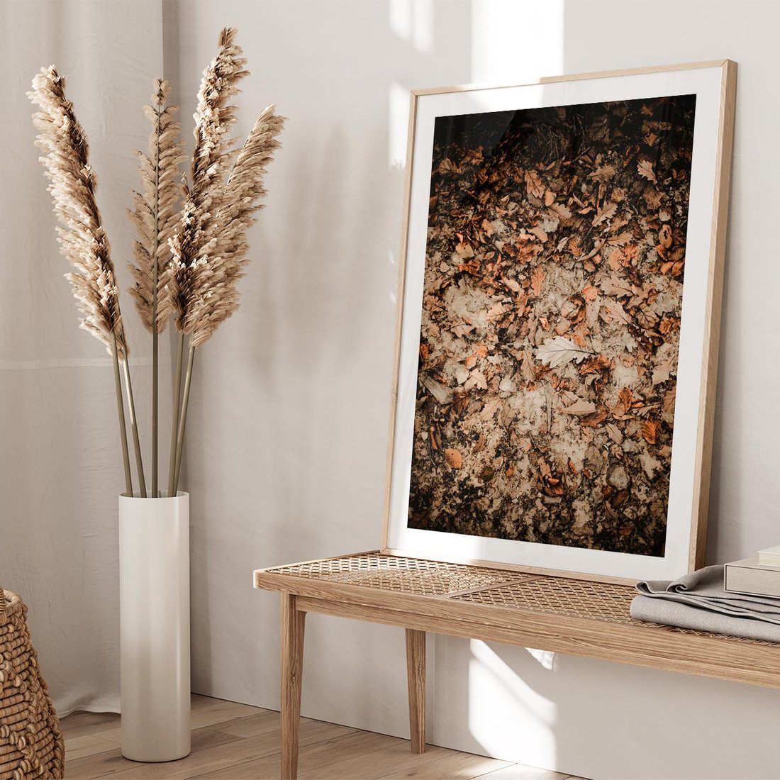 Plakat w ramie 30x40 - Suchość Liści w Brązowych Tonach - suche liście jesień brąz - rama drewno