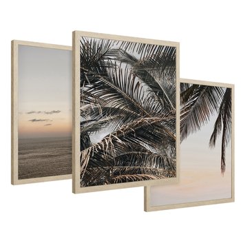 Zestaw obrazy w ramie 30x40 galeria - Palmy, plaża, zachód, słońca - rama drewno