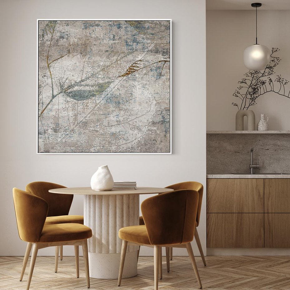 Obraz w ramie 80x80 - Betonowe Wspomnienia Liści - odciski w betonie, odbitki - rama biała