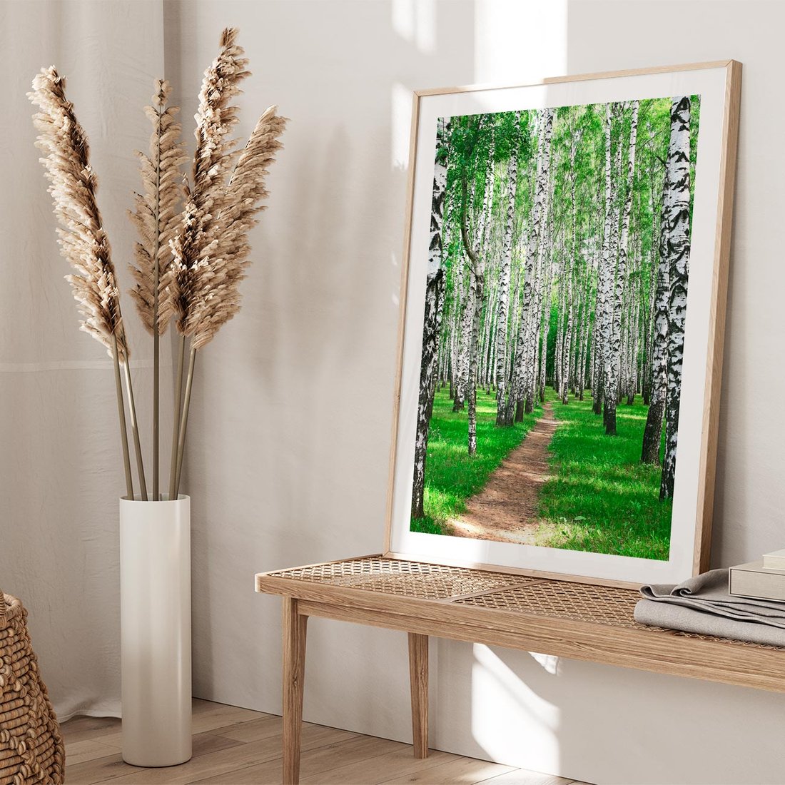 Plakat w ramie 30x40 - Bajkowy las pełen brzóz - las, brzozy - rama drewno