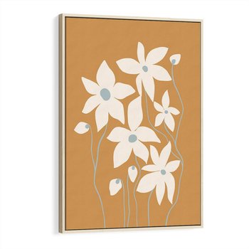 Obraz w ramie 70x100 - Kwiatowy Spektakl - minimalistyczne kwiaty, na pomarańczowym tle - rama drewno