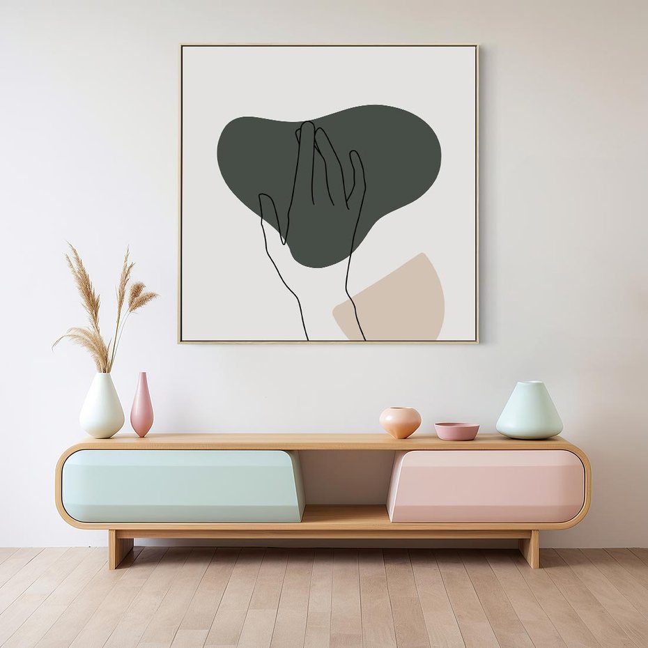 Obraz w ramie 80x80 - Bezczasowe Echo - szkic jedną linią, one line - rama drewno