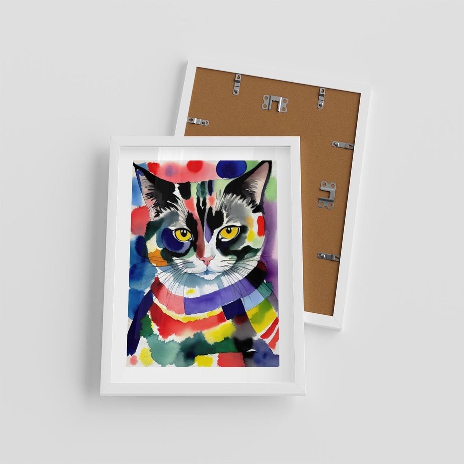 Plakat w ramie 30x40 - Koci Przyjaciel - abstrakcyjny obraz, akwarela - rama biała