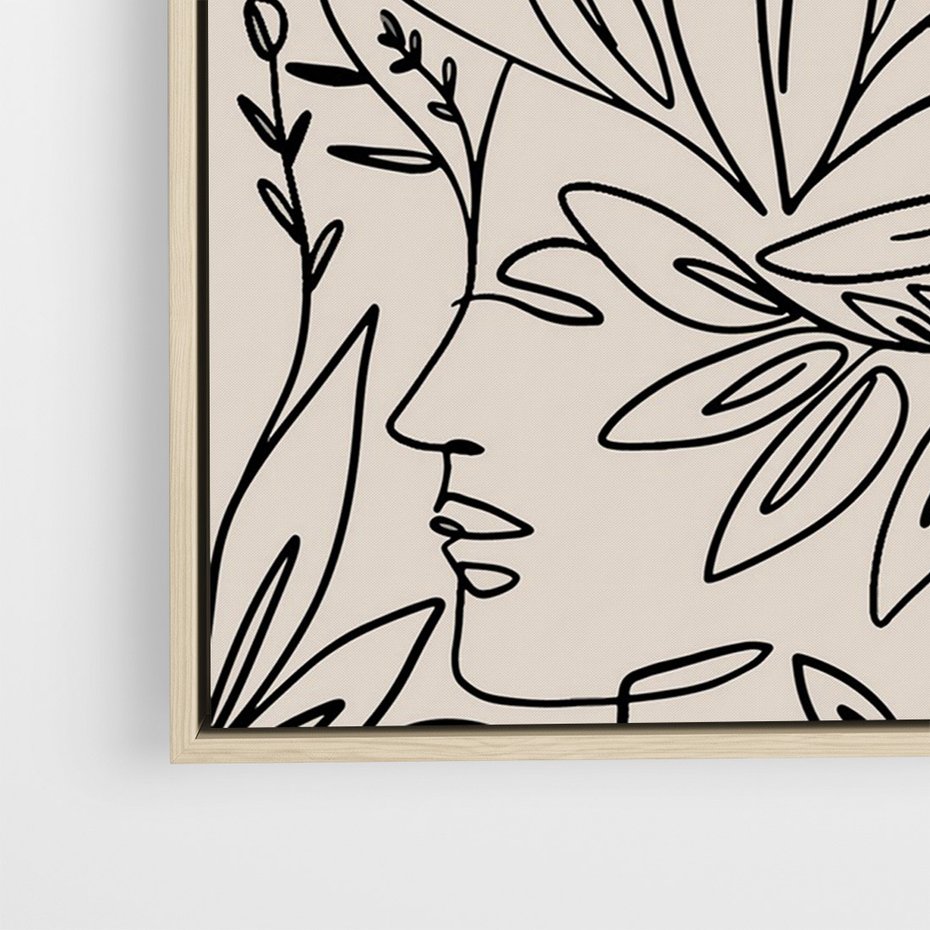 Obraz w ramie 80x120 - Kobiecy Portret Duszy - beżowe tło, czarny szkic nowoczesnych kwiatów - rama drewno