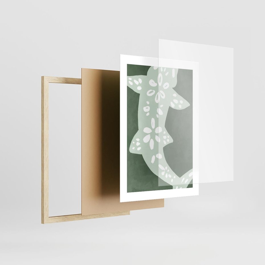 Plakat w ramie 30x40 - Migotliwe Wibracje Zieleni - zielony plakat, abstrakcja przypominająca rybę - rama drewno