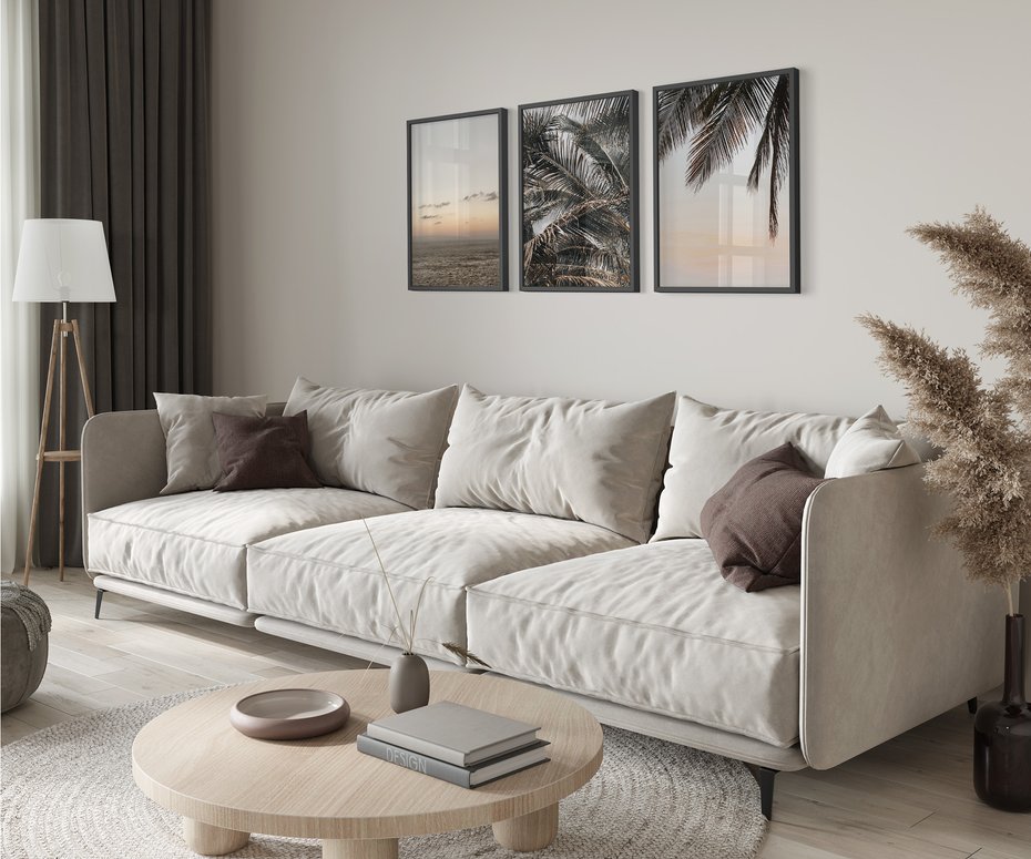 Zestaw obrazy w ramie 50x70 galeria - Palmy, plaża, zachód, słońca - rama czarna