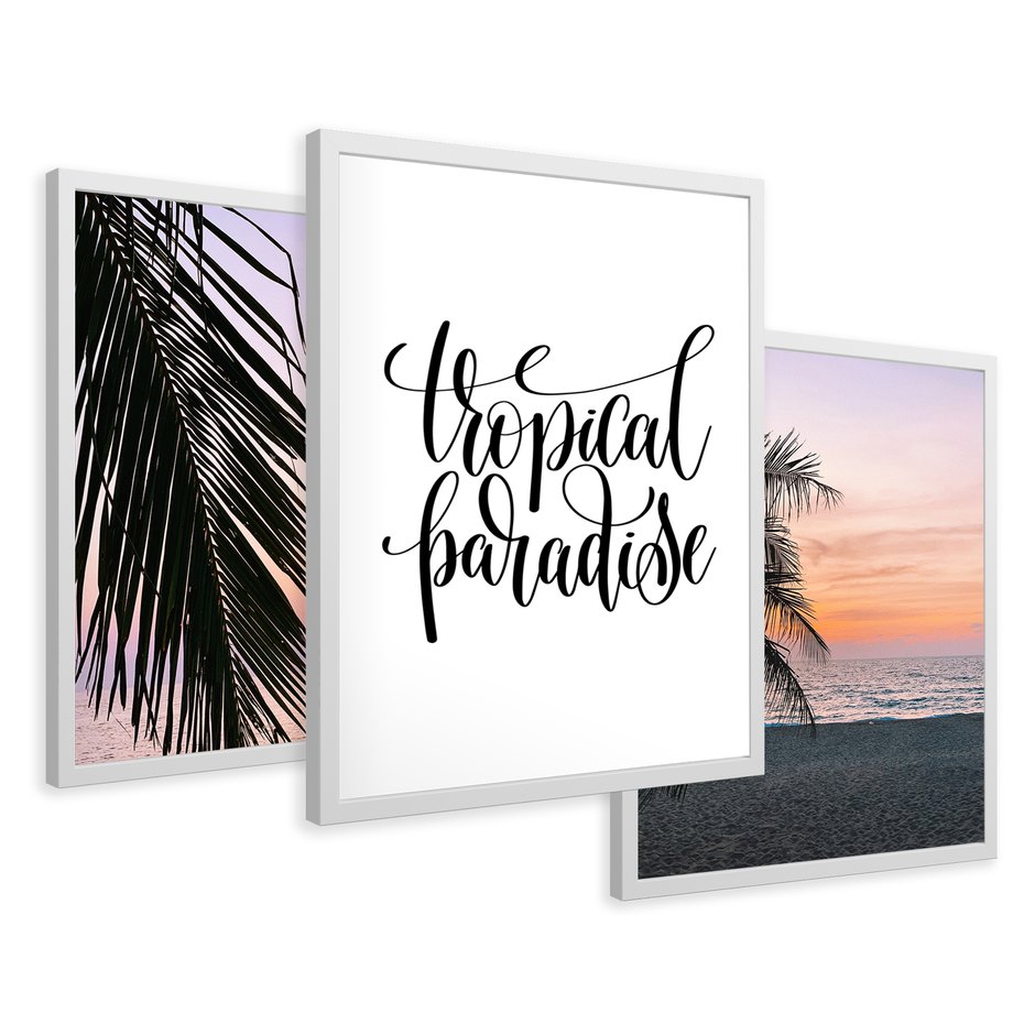 Zestaw obrazy w ramie 30x40 galeria - Tropikalne, palmy, zachód, słońca - rama biała