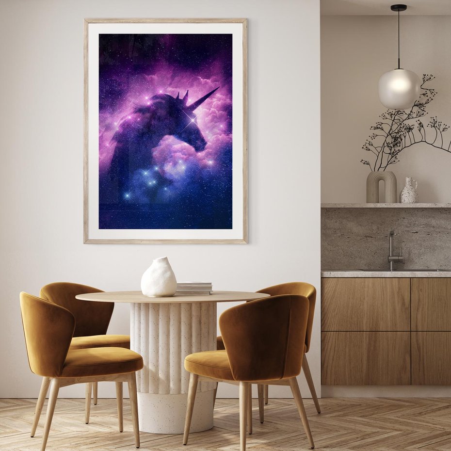 Plakat w ramie 50x70 - Mityczna podróż - kosmos, jednorożec - rama drewno
