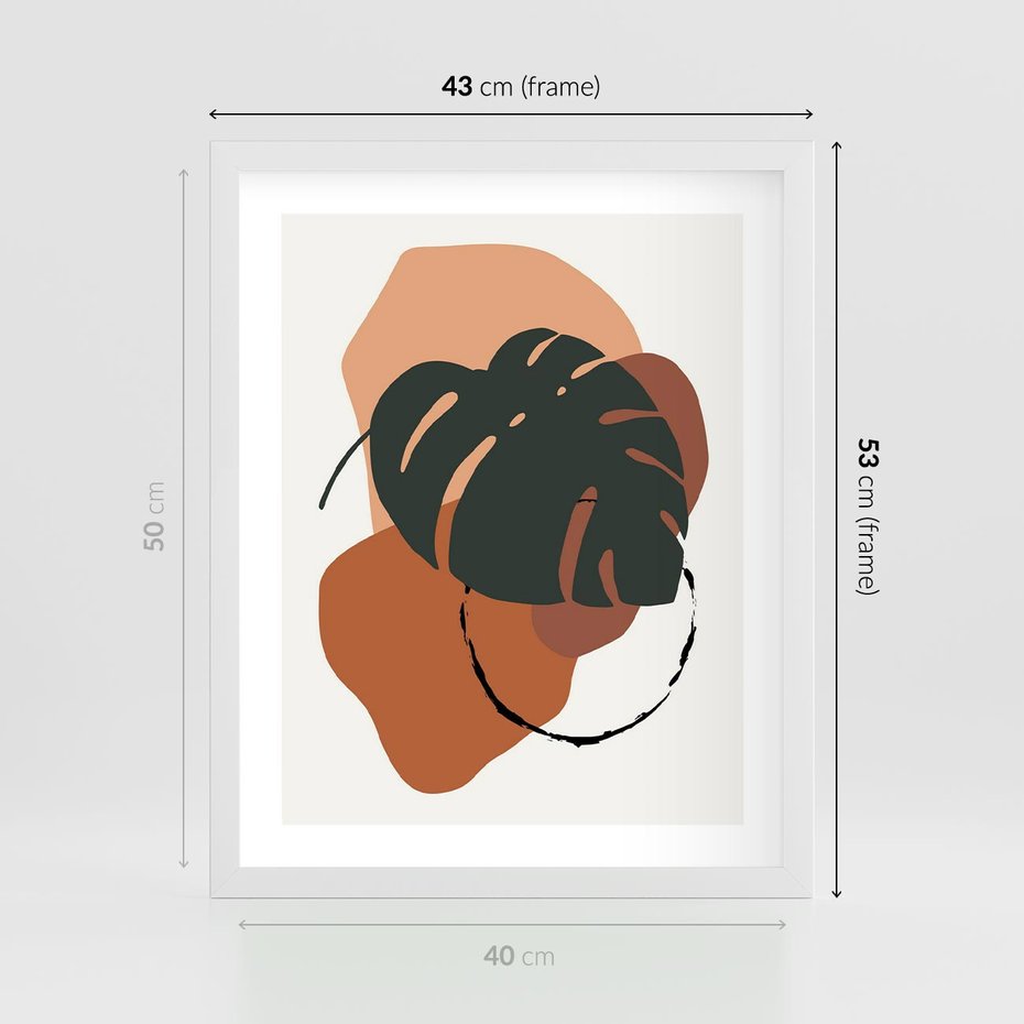 Plakat w ramie 40x50 - Brązowa Ekspresja - liść monstery, boho obraz - rama biała