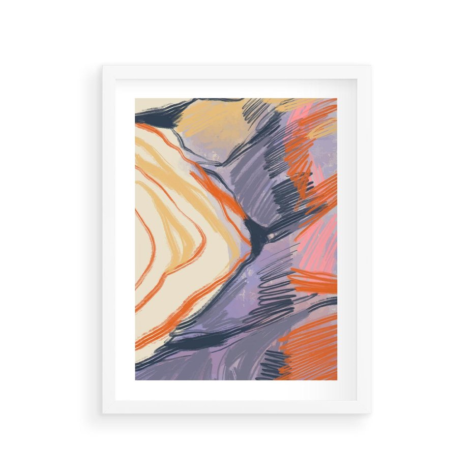 Plakat w ramie 30x40 - Pokreślony Świat - abstrakcyjne formy, odcienie pomarańczu i fioletu - rama biała