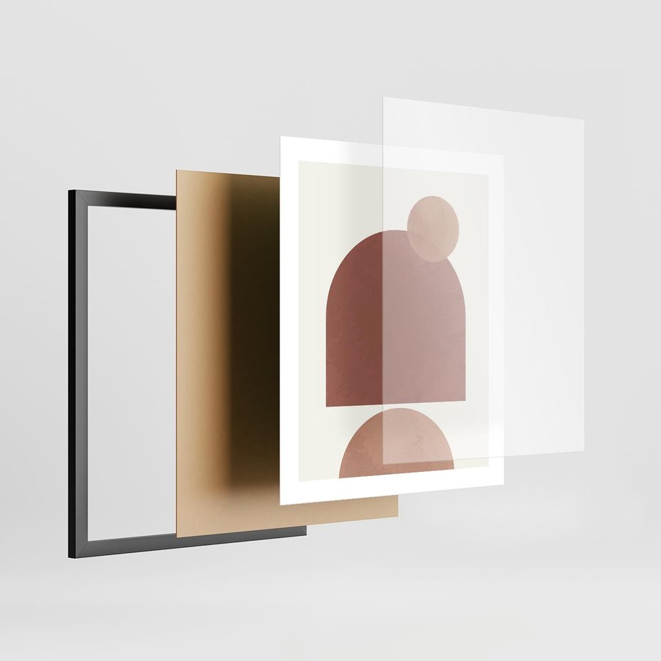 Plakat w ramie 40x50 - Rozkwitające Odbicia - abstrakcyjne geometryczne kształty, odcienie brązu i beżu - rama czarna
