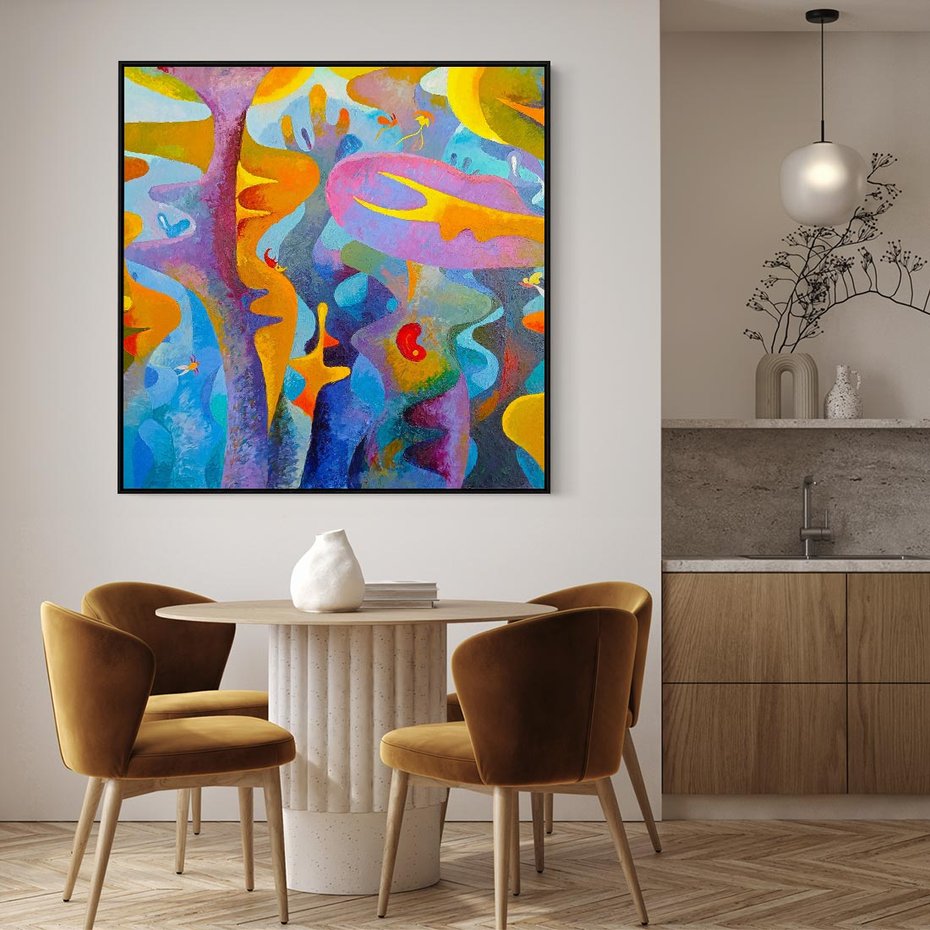 Obraz w ramie 50x50 - Płomienne Tańce Abstrakcji - energetyczna abstrakcja, dziwne formy - rama czarna