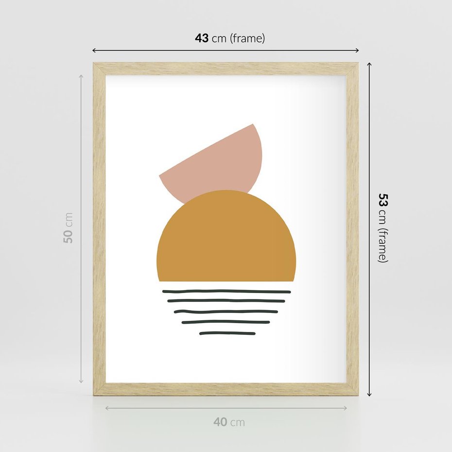 Plakat w ramie 40x50 - Kolory Przyszłości - kompozycja kół i kresek, ciepłe kolory - rama drewno