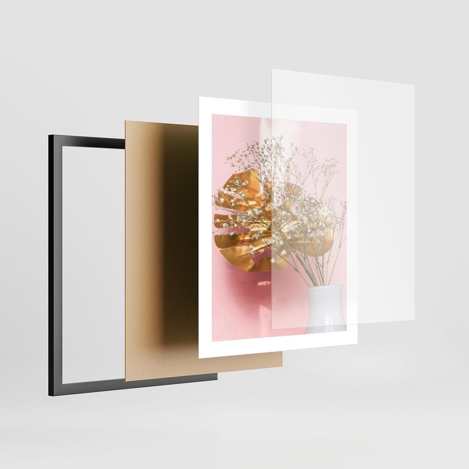 Plakat w ramie 40x50 - Złoty Akcent - złoty liść montery, gipsówka - rama czarna