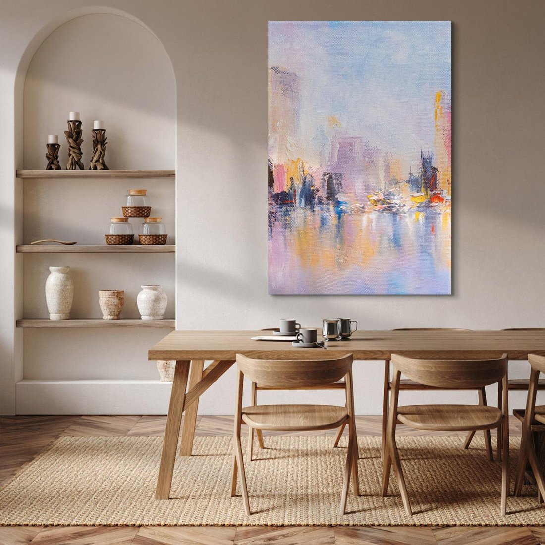 Obraz na płótnie 70x100 - Miasto Refleksji - olejna panorama miasta w oddali, wiezowce odbijają się w rzece