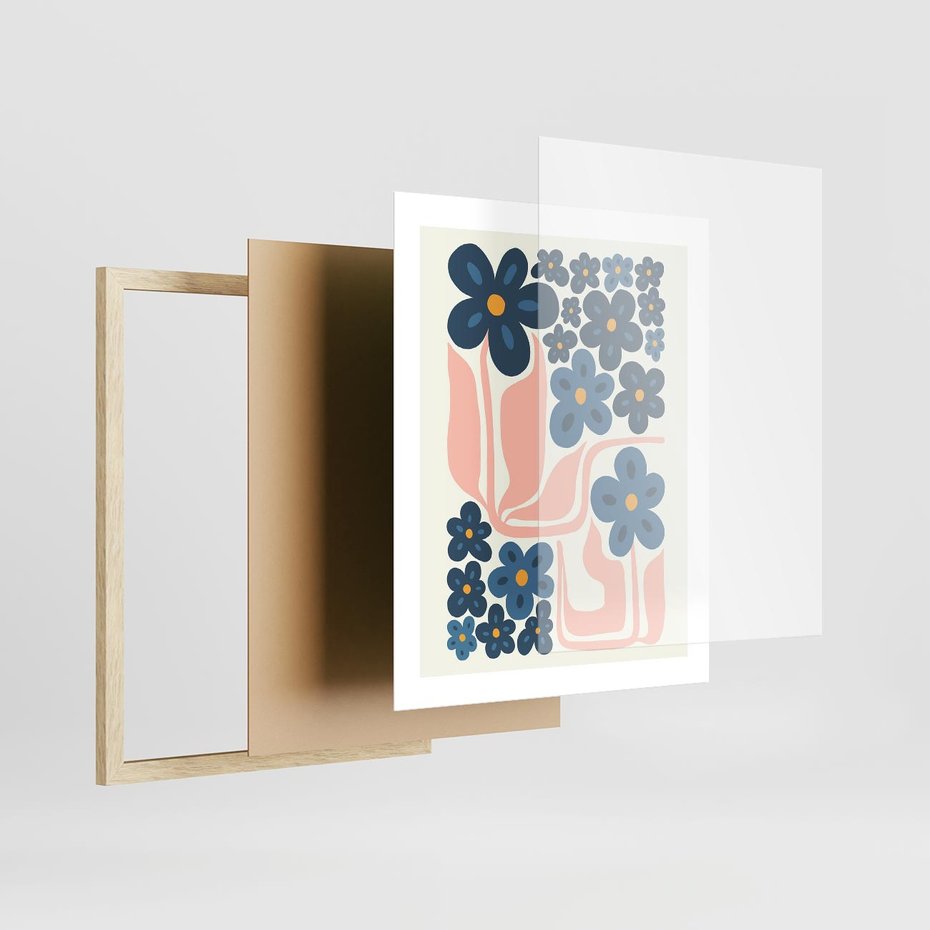 Plakat w ramie 40x50 - Niebieskie Refleksje - niebieskie kwiaty, niezapominajki - rama drewno