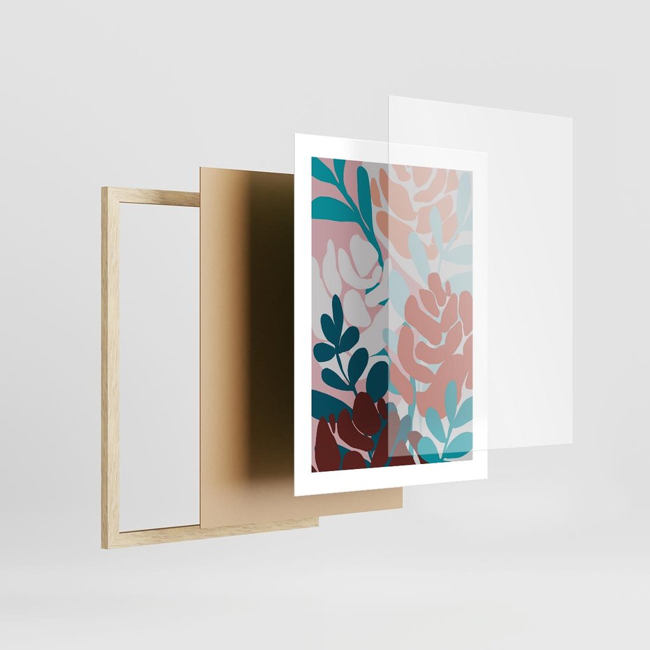 Plakat w ramie 30x40 - Impresje Kształtów - abstrakcyjna kompozycja kwiatowych form, kolor zgaszone - rama drewno